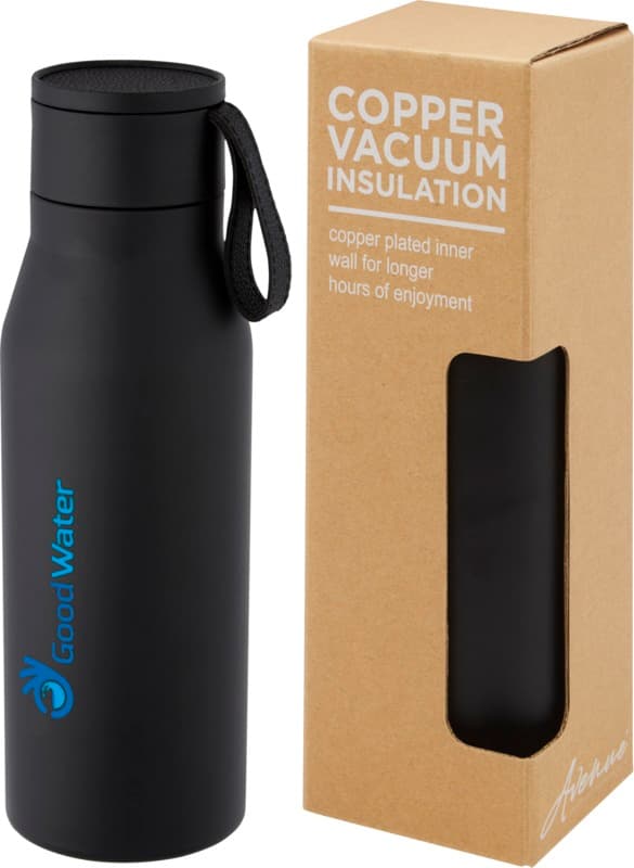 Ljungan 500 ml copper vacuum insulated stainless steel bottle with PU leather strap and lid 16