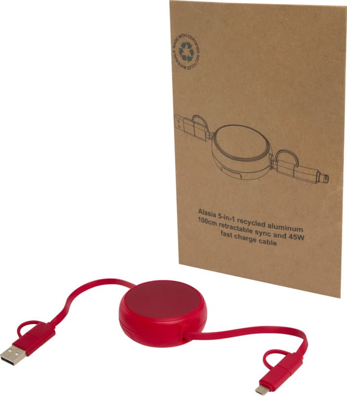 Alasia 5-in-1 100 cm recycled plastic and aluminium retractable data sync and 45W fast charge cable 1