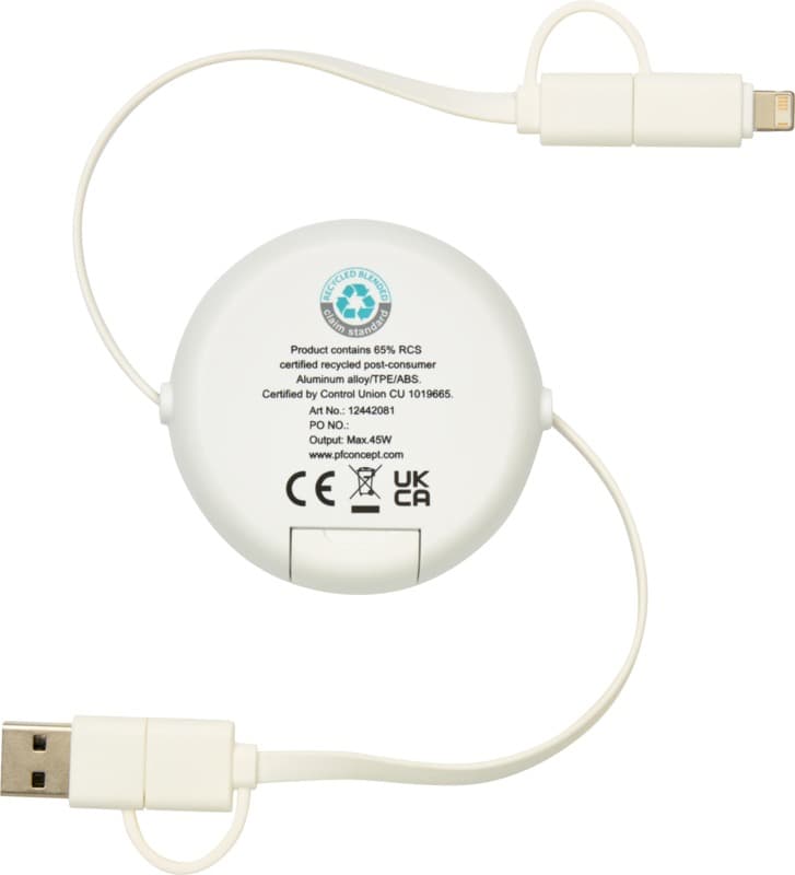 Alasia 5-in-1 100 cm recycled plastic and aluminium retractable data sync and 45W fast charge cable 19