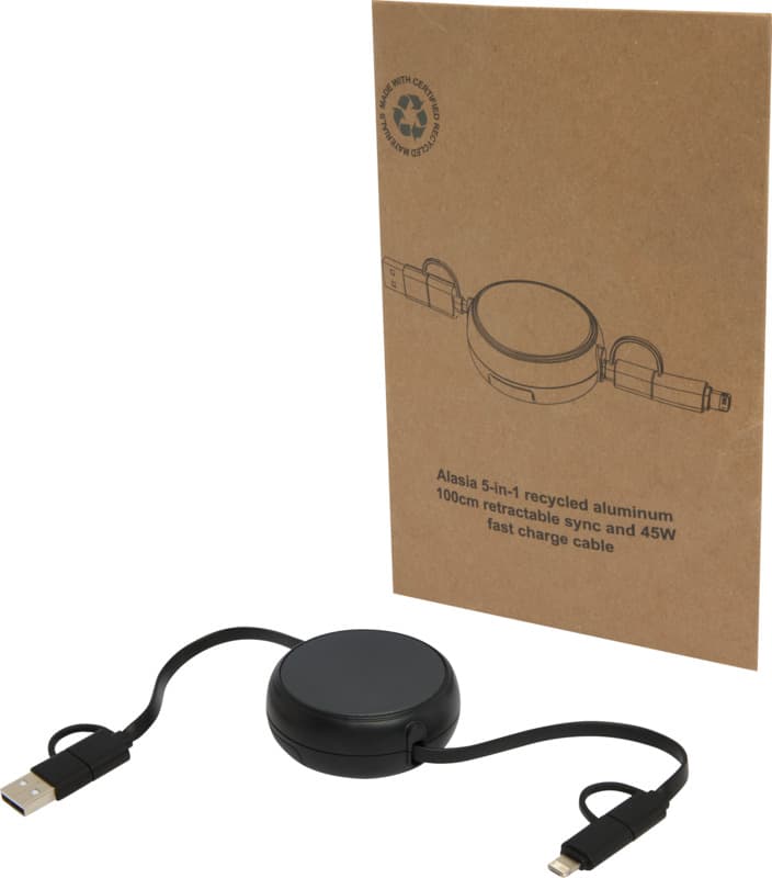 Alasia 5-in-1 100 cm recycled plastic and aluminium retractable data sync and 45W fast charge cable 25