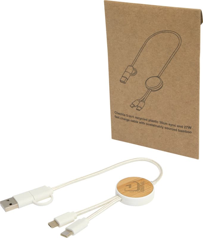 Chechia 5-in-1 recycled plastic 30 cm data sync and 27W fast charge cable with bamboo details 8