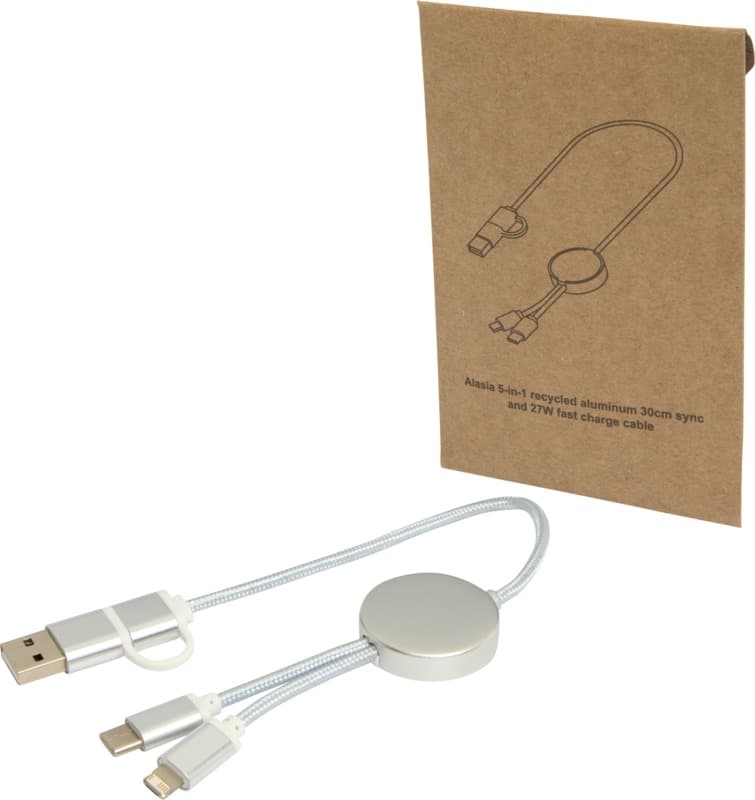 Alasia 5-in-1 recycled aluminium and plastic 30 cm data sync and 27W fast charge cable 17