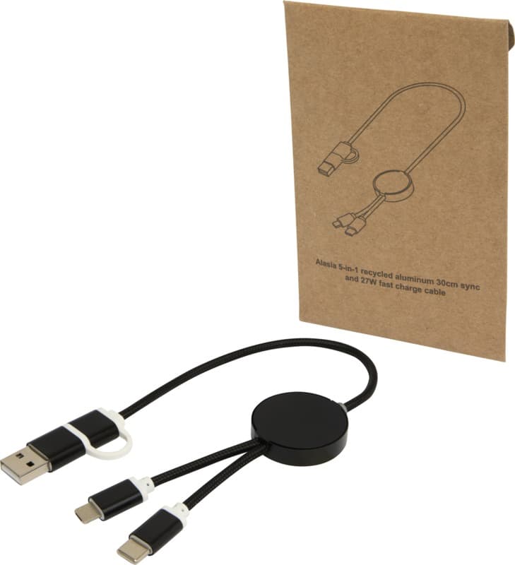 Alasia 5-in-1 recycled aluminium and plastic 30 cm data sync and 27W fast charge cable 25