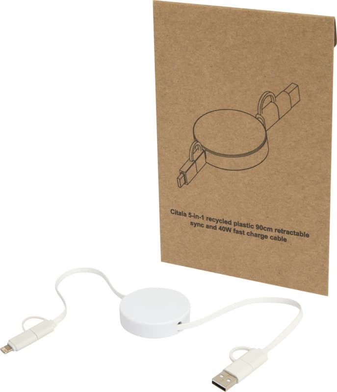 Citala 5-in-1 recycled plastic 90 cm retractable data sync and 40W fast charge cable