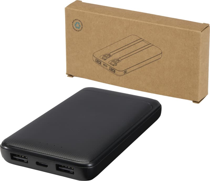 Adhil 10.000 mAh 10W recycled plastic power bank with 2 built-in cables 1