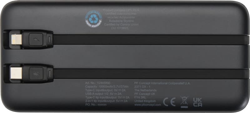 Adhil 10.000 mAh 10W recycled plastic power bank with 2 built-in cables 3