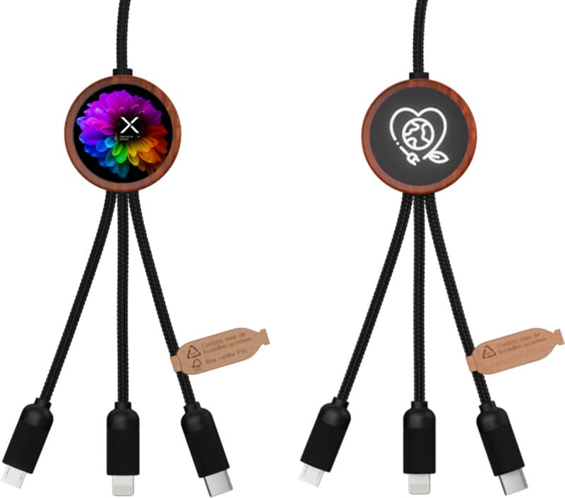 SCX.design C37 40W 5-in-1 rPET light-up logo charging cable with round wooden casing 1