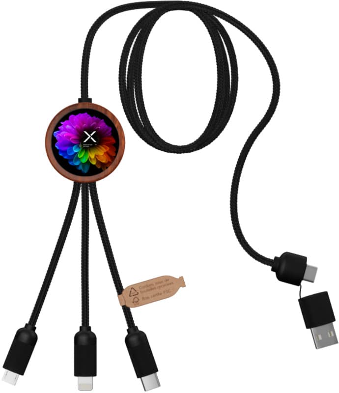 SCX.design C37 40W 5-in-1 rPET light-up logo charging cable with round wooden casing 2