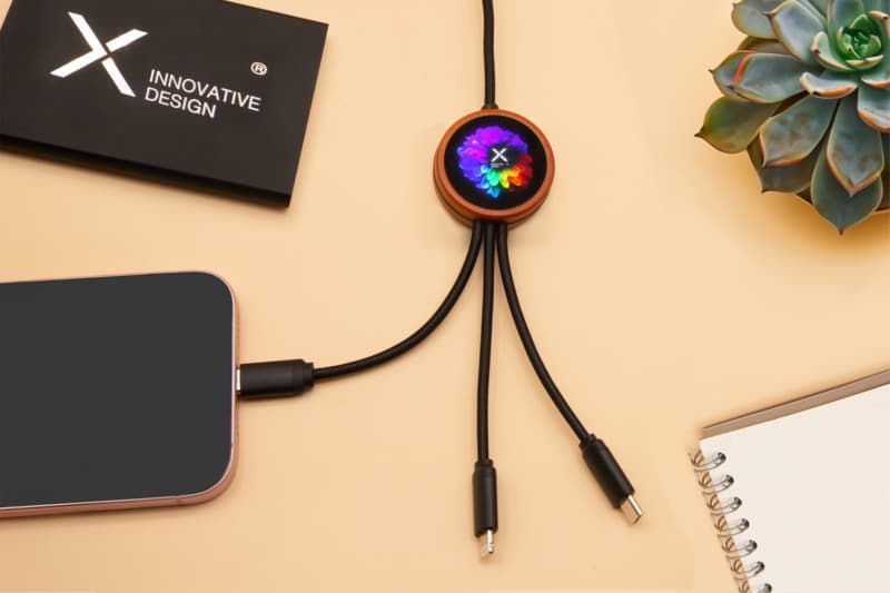 SCX.design C37 40W 5-in-1 rPET light-up logo charging cable with round wooden casing 7