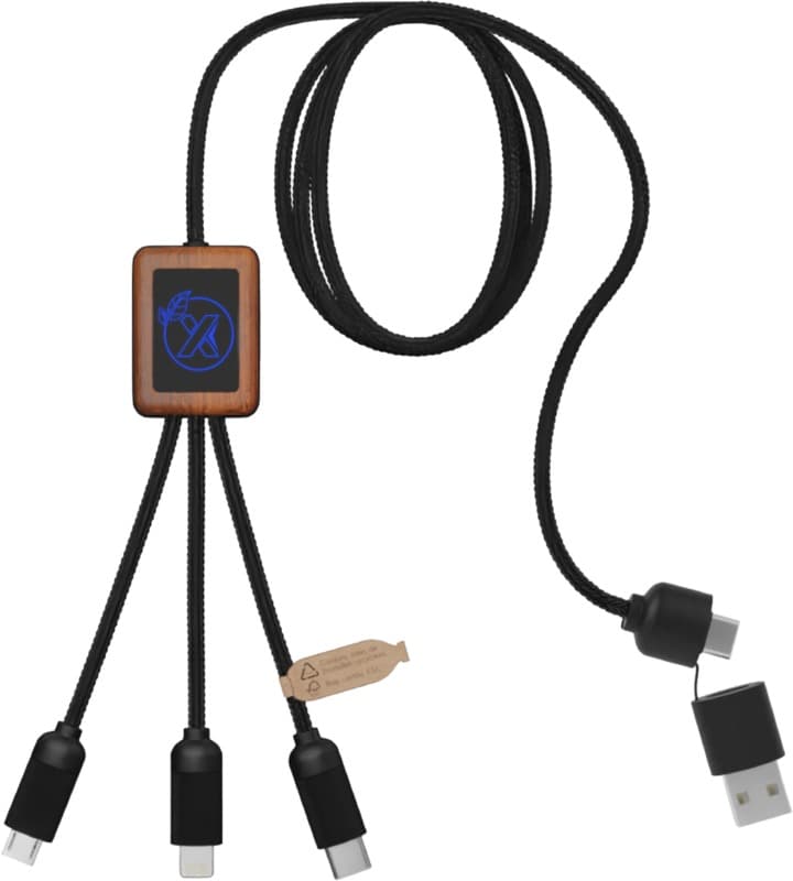 SCX.design C38 40W 5-in-1 rPET light-up logo charging cable with squared wooden casing 1