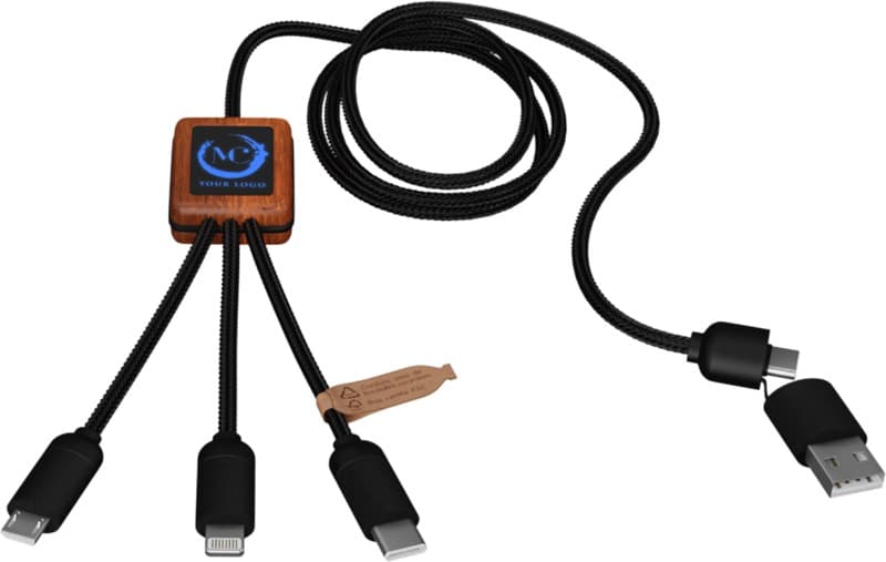 SCX.design C38 40W 5-in-1 rPET light-up logo charging cable with squared wooden casing 6