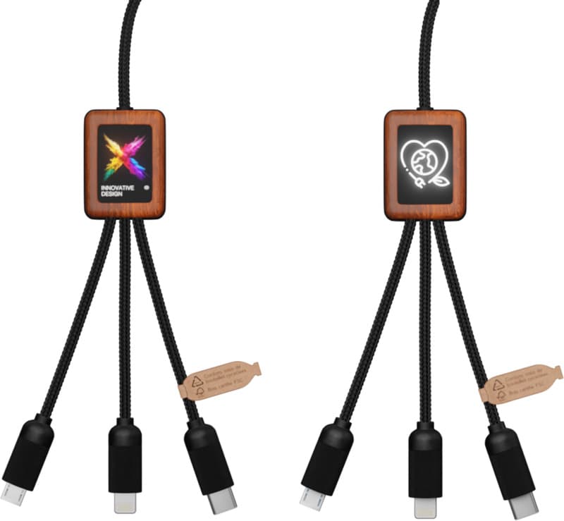 SCX.design C38 40W 5-in-1 rPET light-up logo charging cable with squared wooden casing 7