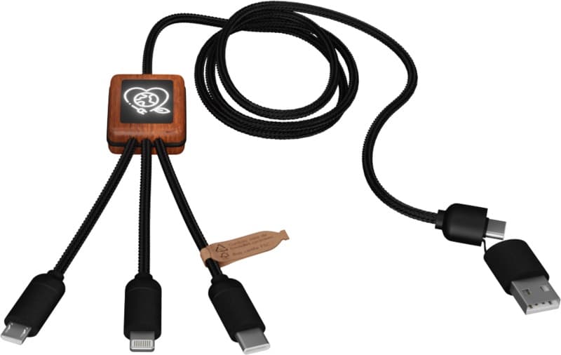 SCX.design C38 40W 5-in-1 rPET light-up logo charging cable with squared wooden casing 11