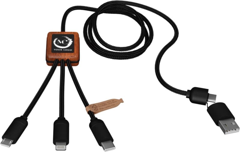 SCX.design C38 40W 5-in-1 rPET light-up logo charging cable with squared wooden casing 16