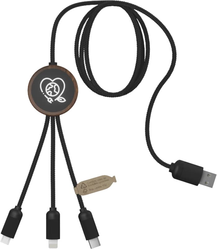 SCX.design C36 3-in-1 rPET light-up logo extended charging cable with round bamboo casing