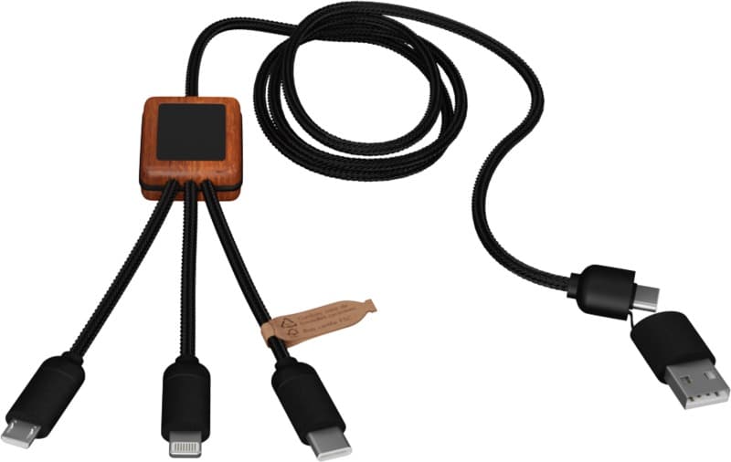 SCX.design C38 40W 5-in-1 rPET light-up logo charging cable with squared wooden casing 3
