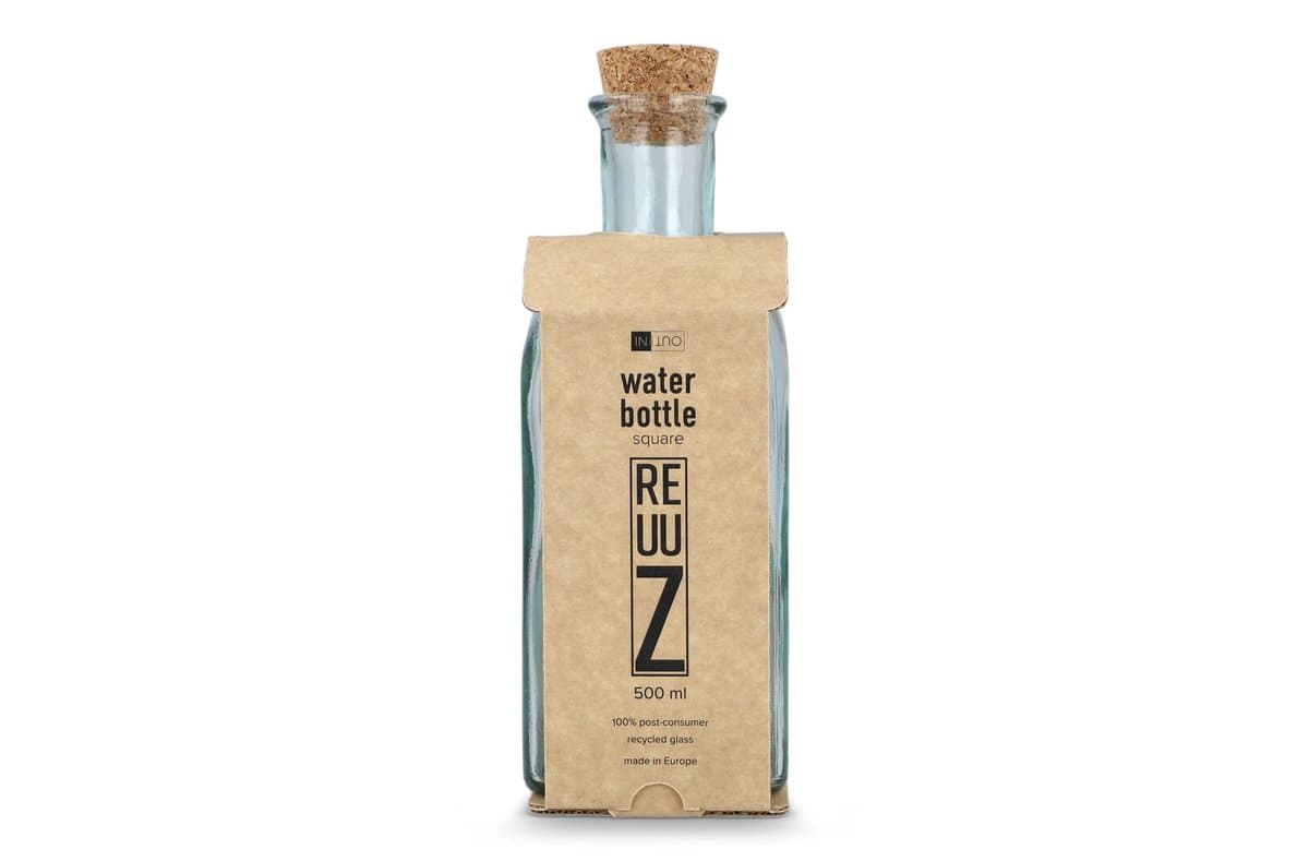 InSideOut Square Recycled Glass Water Bottle ReuuZ with Cork Stopper 500ml 4