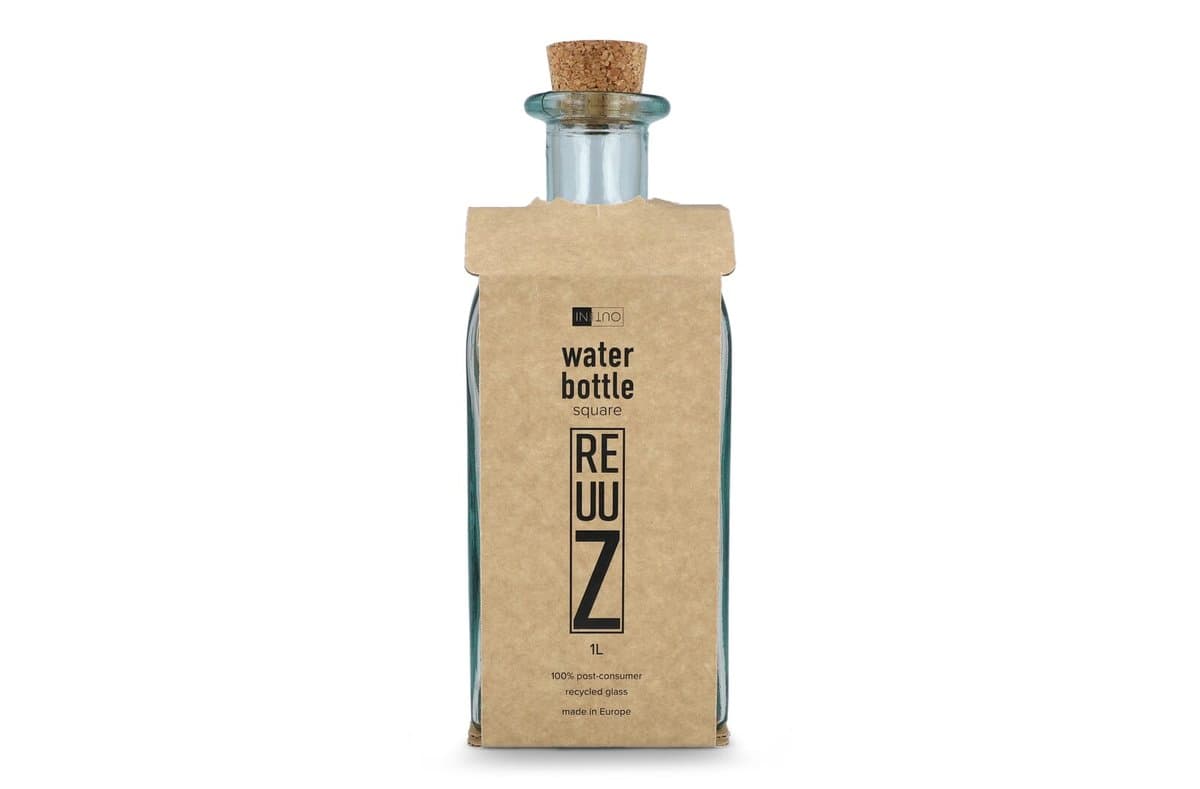 InSideOut Square Recycled Glass Water Bottle ReuuZ with Cork Stopper 1L 5