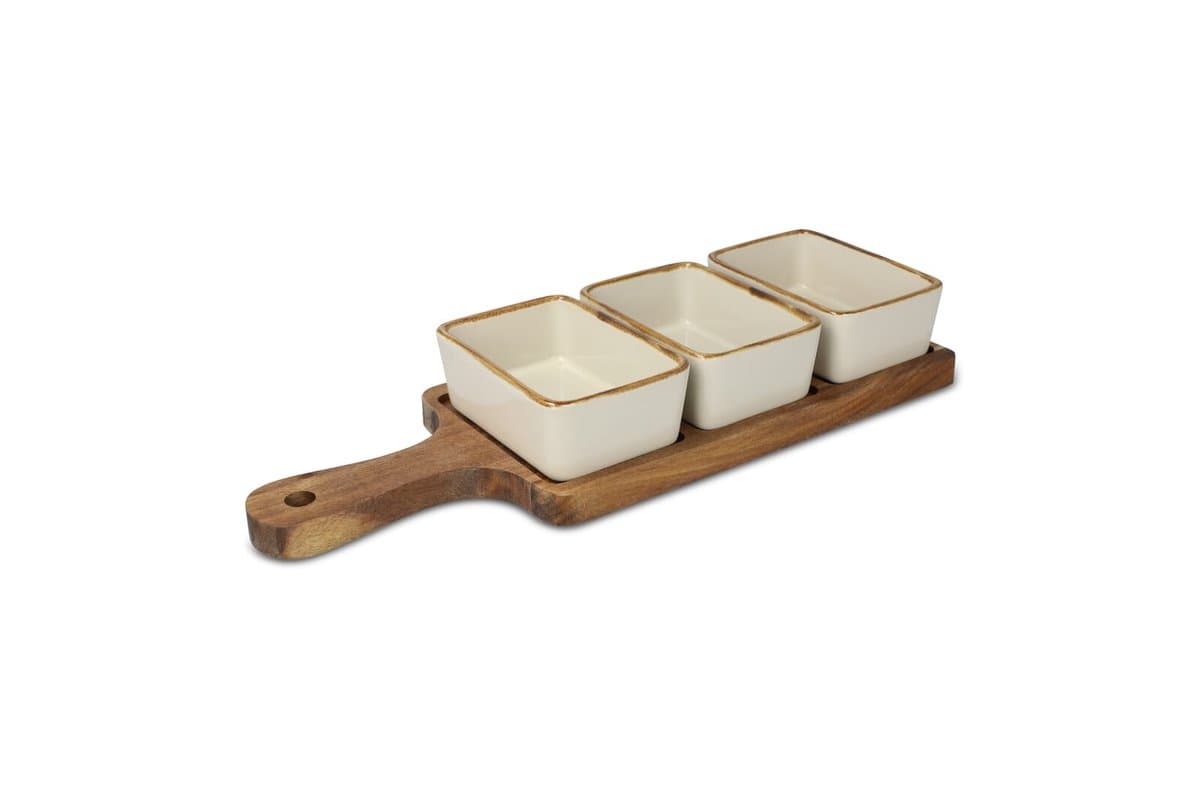 InSideOut Wooden serving board with 3 ceramic bowls 4