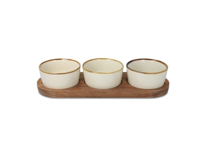 InSideOut Wooden stand with 3 ceramic round bowls 2