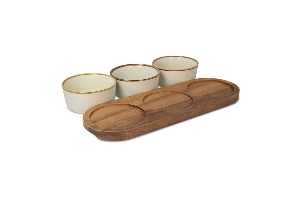 InSideOut Wooden stand with 3 ceramic round bowls 5
